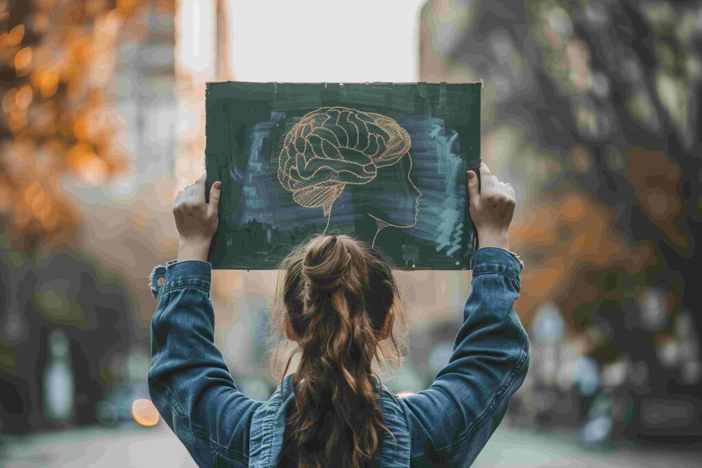 Mujer sosteniendo un cartel con la representación de un cerebro, generado con inteligencia artificial