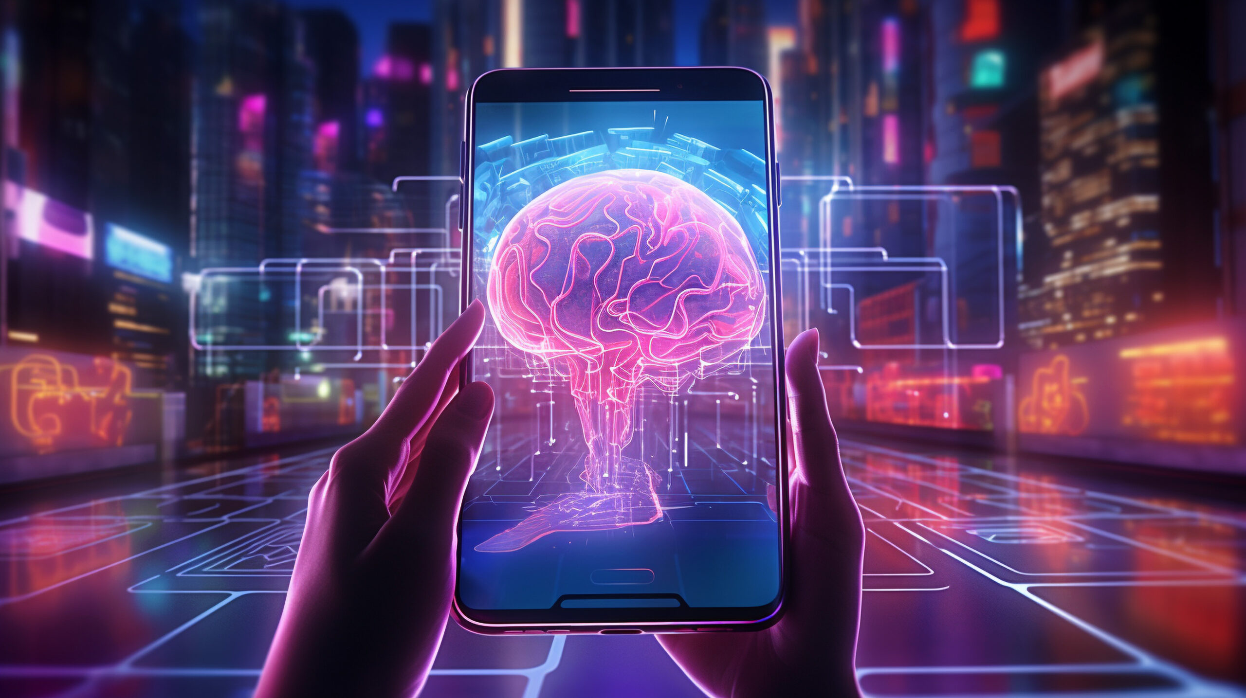 Manos sosteniendo un celular con una imagen dentro de un cerebro y de fondo distintos colores